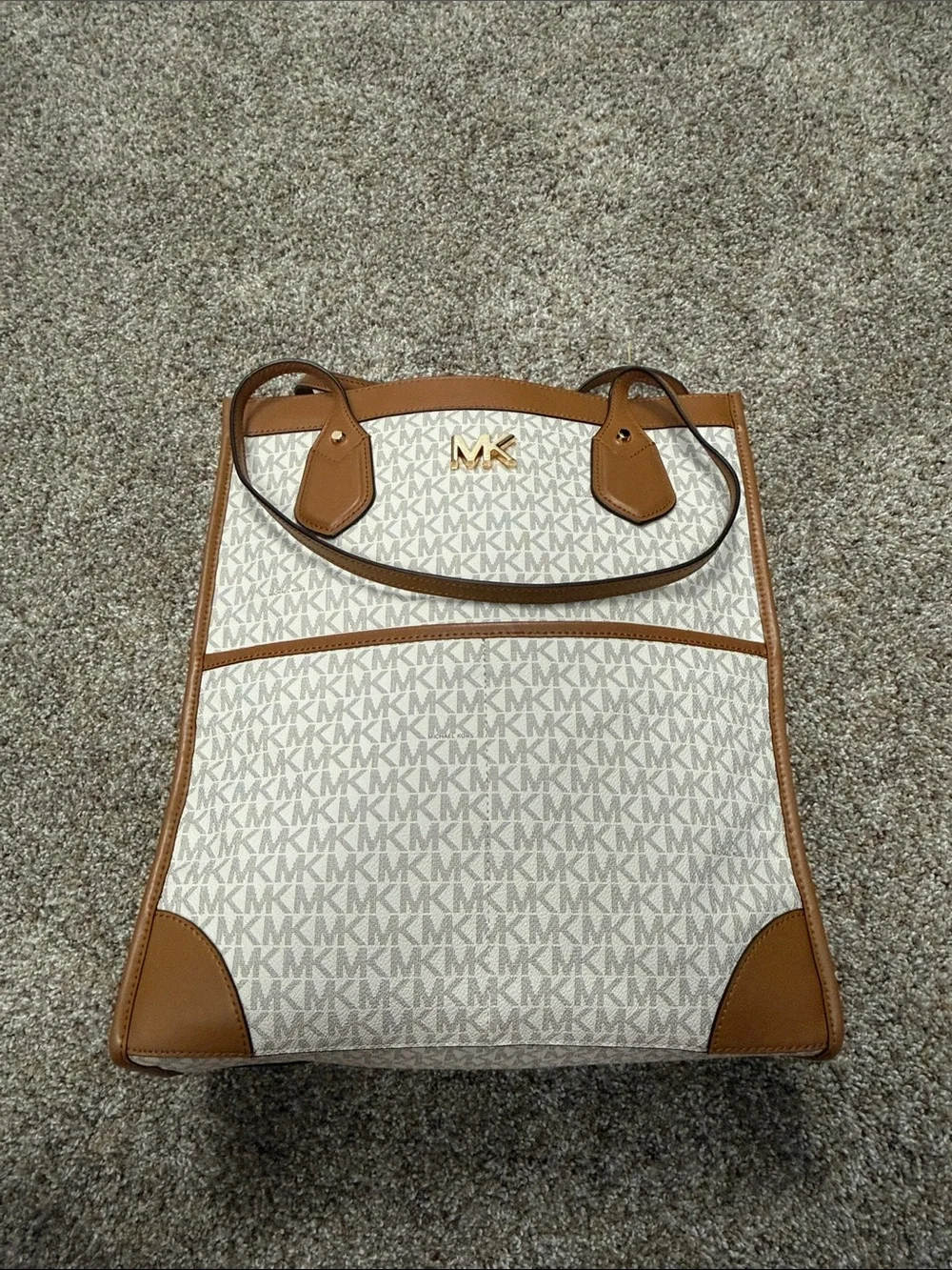 Michael Kors Vanilla MK Logo Tote with Luggage Trim